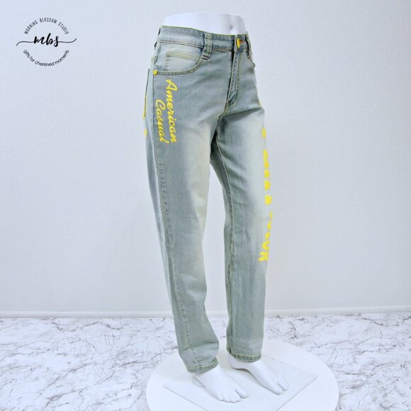 NWT LalaBobo Let's Play Color Mid Rise Straight Leg Jeans Blue Yellow Women 10 - Picture 1 of 11